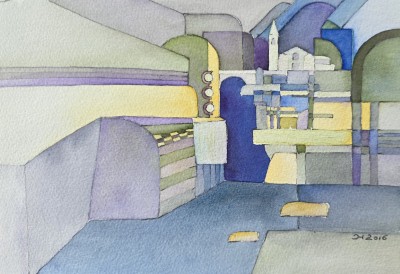 Aquarellbild mit einem Fluss und einer Kirche